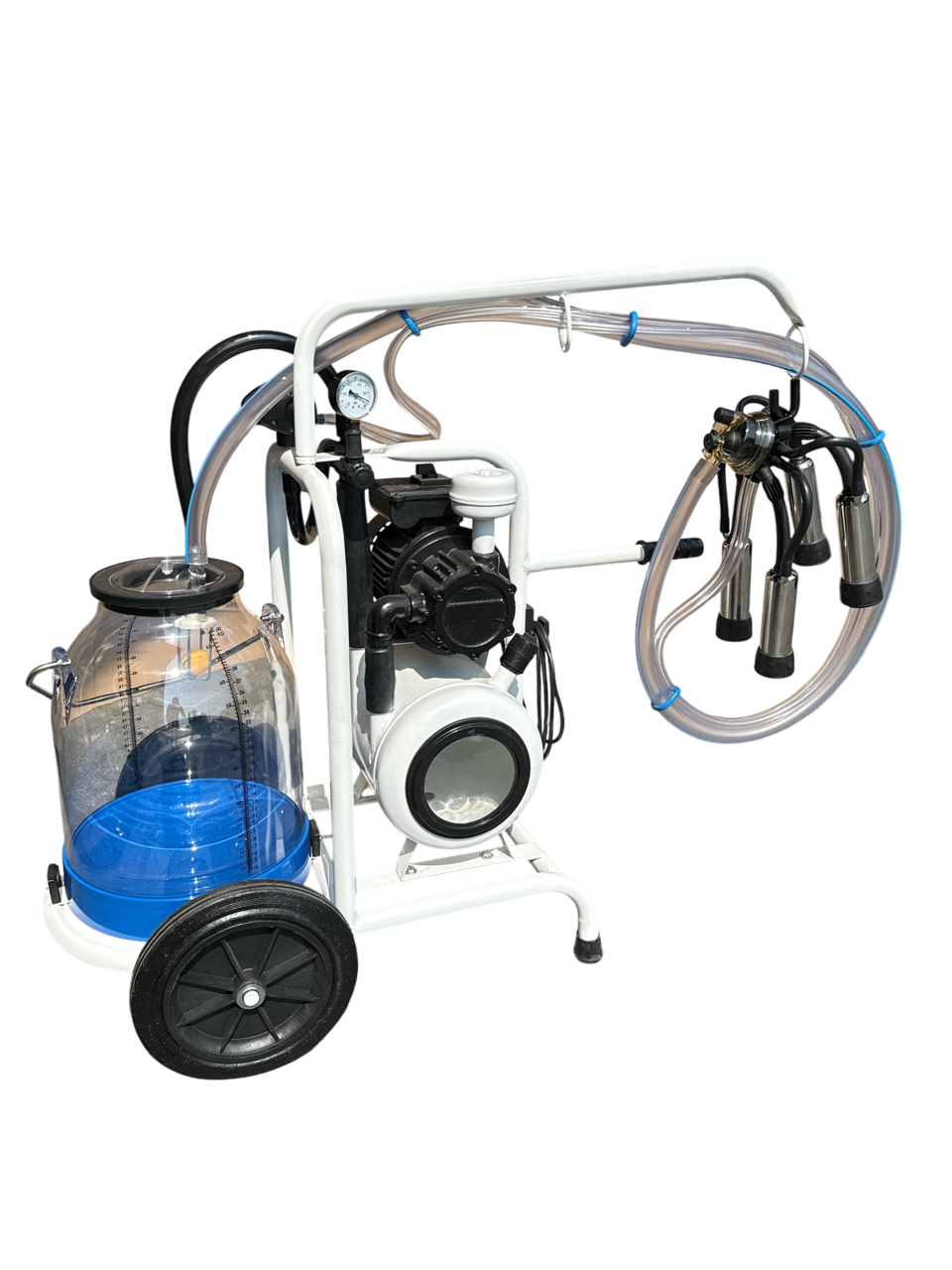 Minimilker mit Vakuumtank, 30 Liter Kunststoff Eimer blau, kpl. mit 150cc Melkzeug